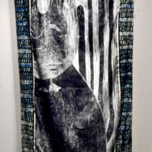 The Many Faces of Yemaya / Las Muchas Caras de Yemaya by Imna Arroyo  Image: Yemayá Asesú, 98 x33",  Woodblock prints on satin Satin framed with Batik fabric from Ghana;  2000 