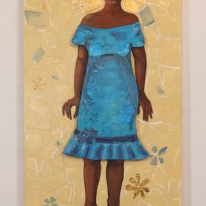 "Approach to Beauty" - Rearrangeable Quadriptych by Lisa Shinault  Image: "Approach to Beauty w/ Blue Dress" : "Blue Dress" measures 21”H X 14”W X 1”D - (when placed on main panel, together they measure 48"H X 24"W X 3"D) - acrylic on wood panel, paper collage.