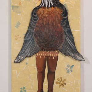 "Approach to Beauty" - Rearrangeable Quadriptych by Lisa Shinault  Image: "Approach to Beauty w/ Robin Cape" . "Robin Cape" measures 28"H X 24"W X 1"D. When placed on main panel, together they measure 48"H X 25"W X 3"D. acrylic on wood panel, paper collage, gold leaf, glass, wire, modeling paste. 