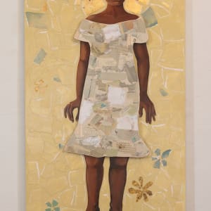 "Approach to Beauty" - Rearrangeable Quadriptych by Lisa Shinault  Image: "Approach to Beauty" w/ Unsalted Butter (Dress)": "Unsalted Butter (Dress)" measures 20.5"H X 13"W X 1"D (when placed on main panel, together they measure 48"H X 24"W X 3"D) - acrylic on wood panel, paper collage. The dress panel is named for a set of words from a recipe portion within the paper collage media.