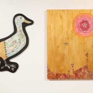 "Lovely Duck Golden Pond" by Lisa Shinault  Image: Rearrangeable art made up of two panels, one and abstract base, and the other a duck shaped panel made to hang on the base or by itself making the artwork both abstract as well as figurative. This image shows the 2 in 1 artwork placed apart.  The duck panel measures 34"H X 28"W X 1"Depth; The main panel without attached duck panel measures 40"H X 36"W X  2.75"Depth.