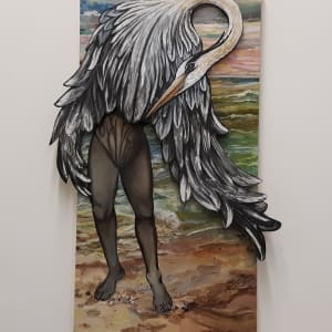 "Salt"- (quadriptych) by Lisa Shinault  Image: When "Salt" wears "Heron Cape", she measures 48" H X 34"W  X  3"D. -acrylic on wood panel, paper collage, silver leaf, gold leaf, glass, wire, modeling paste.