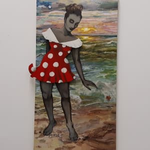 "Salt"- (quadriptych) by Lisa Shinault  Image: When "Salt" wears "Red Polka" dress, she measures 48" H X 25.5" W  X  3"D. -acrylic on wood panel, paper collage, silver leaf, wire.
