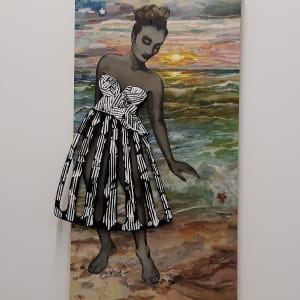 "Salt"- (quadriptych) by Lisa Shinault  Image: When "Salt" wears "Sea Thru" dress, she measures 48"H  X 26" W X 3"D. -acrylic on wood panel, paper collage, silver leaf, wire.