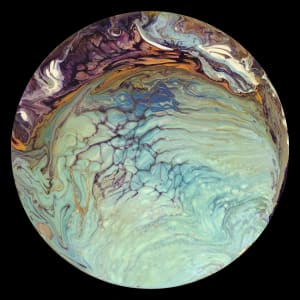 Oceans, an Exoplanet by Studio Relics by Linda joy Weinstein  Image: Oceans - acrylic, enamel and alcohol ink on 10” round birch wood.
