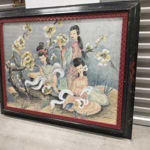 Hibiscus Maidens by Georgina  Image: With wooden frame. Text from back label: "comb. red wide wale and ebony receding, handpainted".