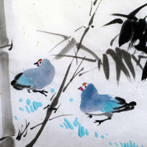 Two Blue Birds and Bamboo by Kwan Y. Jung 