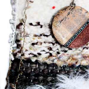Sacred Connections of Earth Mini Art Tapestry by Annette  Image: Unique jewelry find imitates wood and rock symbolizing earth. Tiny sparkling crystals accent this found treasure. 