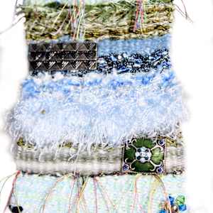 Tranquil Balance Mini Art Tapestry by Annette  Image: Jewelry treasures repurposed to accent the tapestry work, Unique one of a kind yarns repurposed into a distinct art piece
