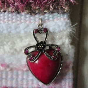 Pretty in Pink Mini Art Tapestry by Annette  Image: unusual vintage metal jewelry heart accent