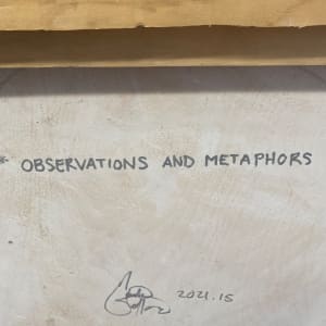 Observations and Metaphors by Mark Stafford  Image: Image of VERSO with TITLE, SIGNATURE, INVENTORY NUMBER underneath suspended cleat.