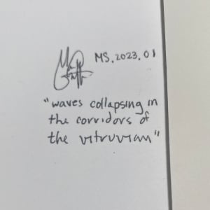 “A pathway dissolving into vision” by Mark Stafford  Image: verso with signature, title, and item number