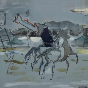 Two horses, blue paper, watercolor by Joseph B O'Sickey