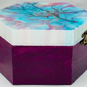 Untitled - Pink, Turquoise, and Gold Medium Wooden Jewelry Box by Pourin’ My Heart Out - Fluid Art by Angela Lloyd 