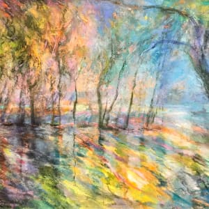 Trees (and Boat) in Rainbow Water by Lynda Bruce