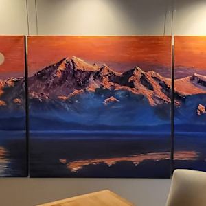 Sunset on Mount Baker-Full Moon Rising by Gail Knecht  Image: Mount Baker-View. From WhiteRock BC