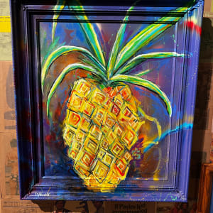 Splash of Pineapple by Isabel Hendrix by Derek Gores Gallery  Image: Isabel Hendrix is a mixed media artist in Melbourne, Fl. She uses collage and other found objects to create a bold textured base for her vibrant colored paintings. Isabel is not afraid to use unconventional materials and this often times gives the viewer a surprise once they look closer. Isabel’s work  focuses on color and texture. 