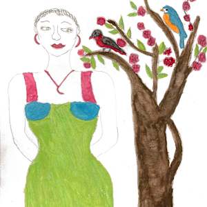Young Woman with Spring Tree & Robin & Blue Bird by Jerrice J. Baptiste
