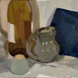 Still Life with Ceramic Vessels, Bottle, and Jean No. 1 by Sean Oswald
