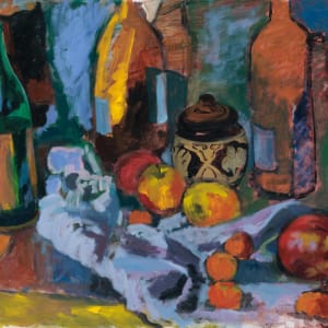 Still Life with bottles and apples and decorative urn by Sean Oswald