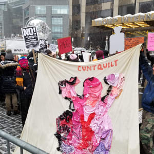 Arpillera Americanx * Cunt Quilt (Silueta) Cunt Congress by Coralina Rodriguez Meyer  Image: Me Too Rally at Trump Tower NYC 12/09/2017