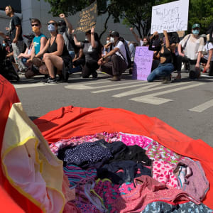 Arpillera Americanx * Cunt Quilt (Crown) Cunt Congress by Coralina Rodriguez Meyer  Image: Fellow protesters kneel in silence to denounce the murder of George Floyd by police