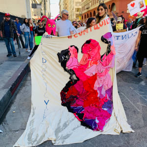 Arpillera Americanx * Cunt Quilt (Traffic) Cunt Congress by Coralina Rodriguez Meyer  Image: Tomorrow Girl Troop member & Jasmine Schutt bear Silueta on their backs in preparation for protest