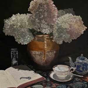 French Confit Pot with Hydrangeas by Barbara Hunter Fine Art