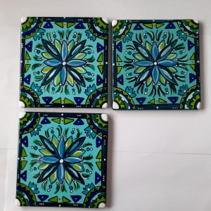 3 Blue Flower Tiles by Donna Gonzalez