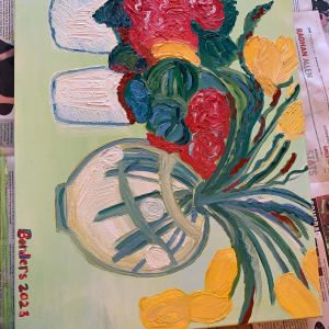 Yellow Tulips 🌷 Red flowers by Janet Borders  Image: Interesting signed my name but the easel lip was messing it up as it dries 