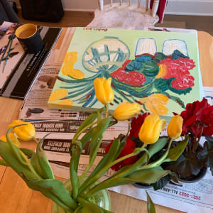 Yellow Tulips 🌷 Red flowers by Janet Borders  Image: Started this 3-24 and finished it 3-25 - glass vase  March 2023 - Painted in West Studio