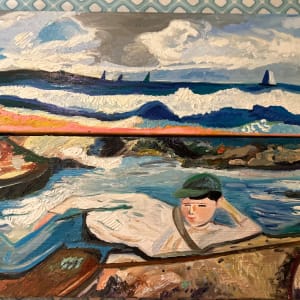 Boy Fishing in the River by Janet Borders  Image: This is really two different paintings one is a picture of Coney Island another is my painting of a boy on a river fishing. 🎣 They both look similar. 