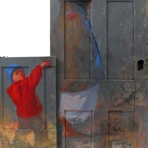 Access and Ambiguity (Door Project Installation) by Mark Gerard McKee  Image: Legacy (Reprise),2010, 79 x 48 ½ x 3 ¾”, Oil, collaged newspaper and digital images on doors (©2023, Mark Gerard McKee)