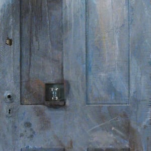 Access and Ambiguity (Door Project Installation) by Mark Gerard McKee  Image: Baba Vanga/Imna, 2011, 76 ¾ x 29 x 2 ½”, Oil on door with small glass. (©2023, Mark Gerard McKee)