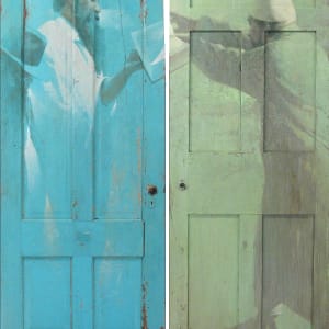 Access and Ambiguity (Door Project Installation) by Mark Gerard McKee  Image: Dividing the Sublime Landscape, 2011, 77 ½ x 58 ½ x 2 ½” (Variable), Oil and metal on doors.(©2023, Mark Gerard McKee)