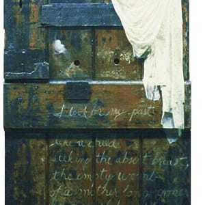 Access and Ambiguity  (Complete Installation ):  (Door Project), 2000 - 2017 by Mark Gerard McKee  Image: Only Ghosts, 2000, 72" x 35 x 5", oil, acrylic medium, lace and nails on old door,©2023, Mark Gerard McKee)