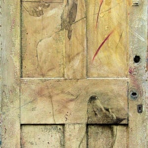 Access and Ambiguity (Door Project Installation) by Mark Gerard McKee  Image: Lazarus WMD, 2005, 79 ½ x 31 ¾ x 6”, Oil, spray enamel, bones and shoe on door,( ©2023, Mark Gerard McKee)