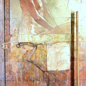Access and Ambiguity (Door Project Installation) by Mark Gerard McKee  Image: Tshamea, 2005, 79 x 36 x 5”, Oil, encaustic, scrap metal, paper and wood on door 
 (©2023, Mark Gerard McKee)