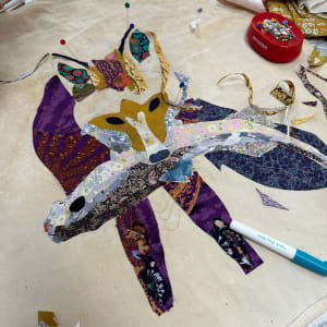"Caught a Striper!"   Red Fox  (Vulpes vulpes)     (Original photo by Jay Fleming). by Susan Fay Schauer Fiber Artist 