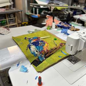 "Botanical Kingfisher" - Belted Kingfisher by Susan Fay Schauer Fiber Artist 