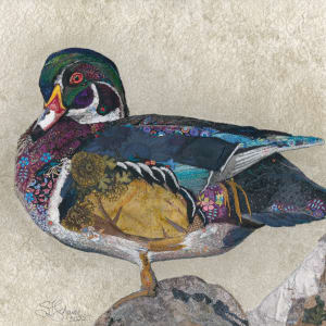 "Edge of the Sea" or "Perching Carolina"    Wood Duck (Aix sponsa) by Susan Fay Schauer Fiber Artist 