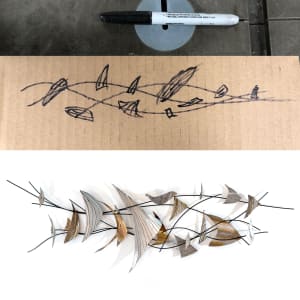 Flying Fish by Damon Hamm  Image: Top: Initial idea sketch. Bottom: Final 1.5meter long wall sculpture.