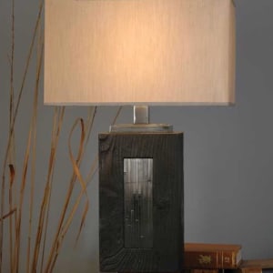 Hart Associates New Product Design - Work Experience by Bill Usher  Image: Table Lamp
Approximately 16” x 8” x 10” Shade x 30” OA Height
Natural Canvas Shade, Buffed Steel, Blackened Pine