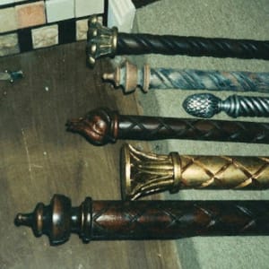Wood Carvings & Pattern Making - Work experience at The Woodchuck by Bill Usher  Image: Various curtain rods and finials carved from wood - usually pine, sometimes mahogany or walnut