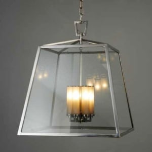 Hart Associates New Product Design - Work Experience by Bill Usher  Image: 6 Light Hanging Fixture
Approximately 24” Square x 30” High
Buffed Steel, Dark Polished Brass, Clear Glass, Frosted Globes