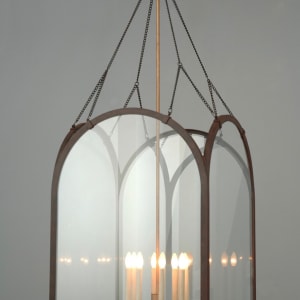 Hart Associates New Product Design - Work Experience by Bill Usher  Image: 8 Light Hanging Fixture
Approximately 24” Square x 42” High
Painted Steel, Brass Fittings, Clear Glass