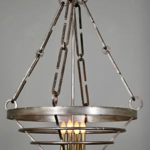 Hart Associates New Product Design - Work Experience by Bill Usher  Image: 4 Light Hanging Fixture
Approximately 20” Diameter x 36” High
Distressed Painted Steel, Old World Polished Brass