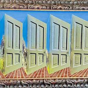 DOORWAYS TO CAMELBACK MOUNTAIN 2025 by Curtis Dickman  Image: LEFT-SIDED PERSPECTIVE. DOORS APPEAR CLOSED. 