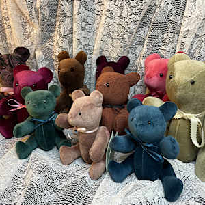 Corduroy Sachet Bear, Medium, Brown by Susan Detroy  Image: This is the grouping of bears, several of which are available for sale. 