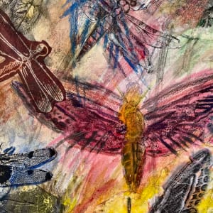 Ascensions by Susan Detroy  Image: A deeply multi-layered dragonfly themed piece, created with liquid and media based transfers as well as pen, pencil and watercolor. This is a uniquely one of a kind artwork created in worship of the place insects have in our earthly existence.  